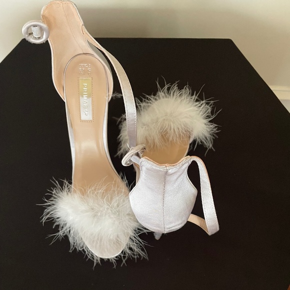Primark Silver Satin Fluffy Feather fur Sandal Heels US10 - Picture 4 of 10